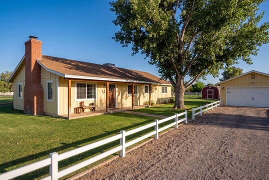 Butter Yellow Ranch House on Horse Property With Split Rail Fence
