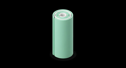 Fototapeta premium Mint Green Yoga Mat Rolled Up Standing Vertically On A Minimalist Black Background Studio Shot