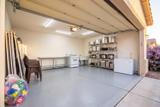 Garage With Second Prep Kitchen Chest Freezer and Big Stockpots