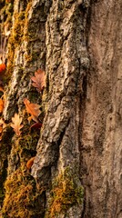 Fototapeta premium Close-up of rough tree bark covered with green moss and small autumn leaves in a softly blurred forest. Concept natural textures, seasonal ads and editorial design. Generative AI.
