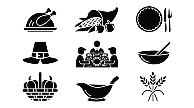 Thanksgiving day black vector icon set with roasted turkey cornucopia plate pilgrim hat family dinner bowl basket gravy wheat