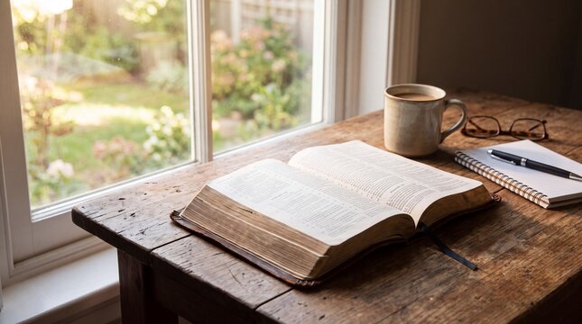 open bible on wooden table desk with window light with a cup of coffee for study bible and pray in morning. lifestyle of christian