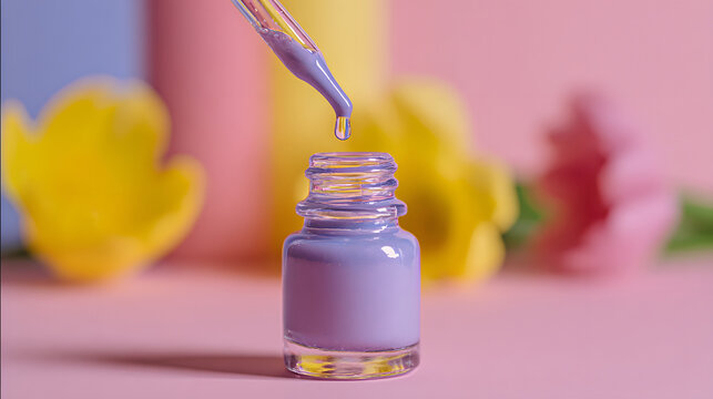 Macro shot of lavender cosmetic oil dripping into glass bottle with colorful flowers, creating soft beauty still life with calming atmosphere