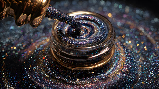 Glitter makeup pigment in open cosmetic jar with brush and swirling texture