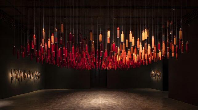 Wide chandelier installation with glowing red and amber pendant lights creating dramatic warmth inside dark gallery space