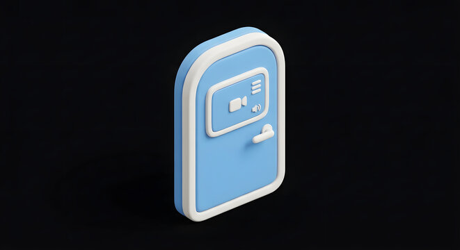 Isometric Blue Office Door Icon With Video Camera Sign On Black Background For Digital Interface
