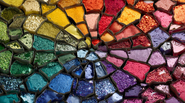 Colorful cracked mosaic of compact mirror powder arranged in wide symmetrical pattern with vivid texture and sparkle