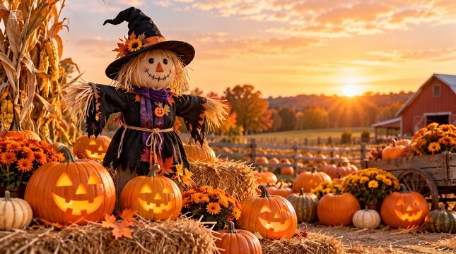 Halloween Pumpkin Patch with Witch Scarecrow at Sunset
