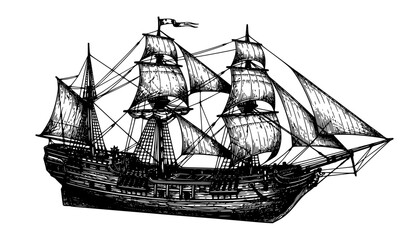Vintage traditional sailing ship black and white nautical engraving sketch vector illustration © Md Humaun