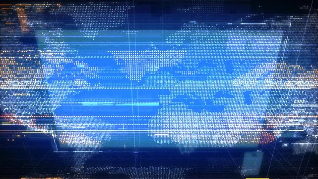 Distorted digital world map visualization with screen glitch and signal interference effects.