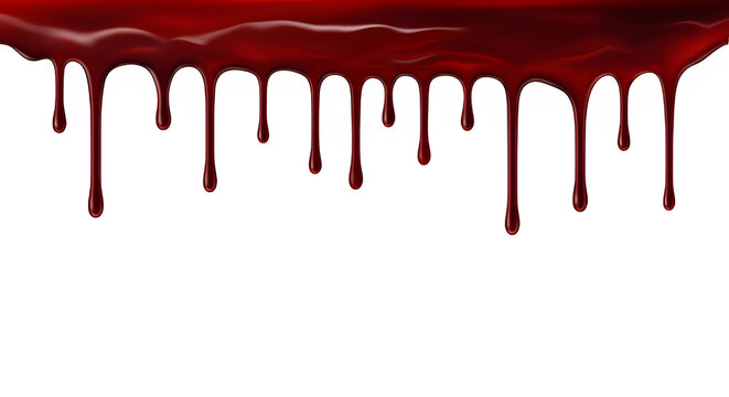 Dark red liquid dripping down from top border isolated on transparent background for horror themed graphic design projects or spooky