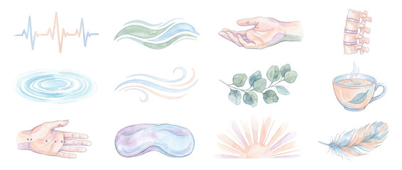 Obraz premium Holistic wellness watercolor icon set featuring healing hands, spine, eucalyptus, tea, heartbeat line, feather, water ripple, sleep mask for spa therapy, chiropractic, reiki mindfulness design
