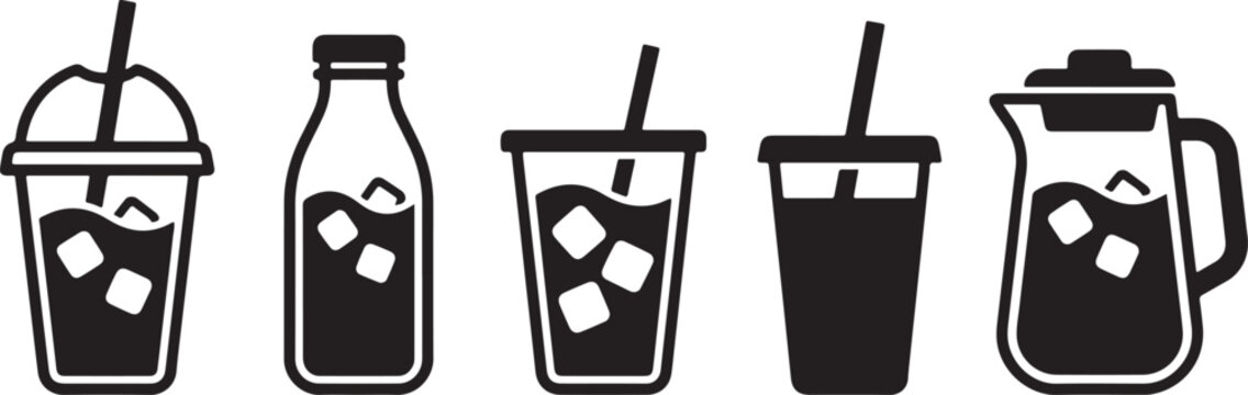 Variety of cold drinks in glasses and a pitcher with ice cubes