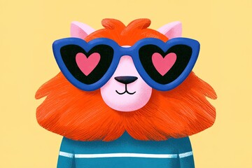 Fototapeta premium Lion wearing heart-shaped sunglasses on yellow background