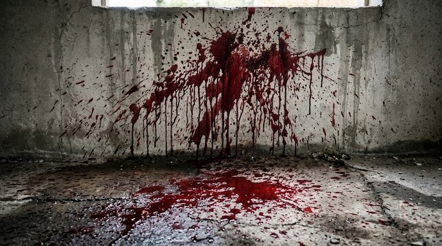 Horror Scene Gory Blood Splatter on Concrete Wall and Floor Dark Abandoned Room Crime Scene Concept