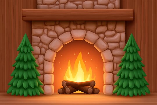 Cozy fireplace with wooden logs and green trees