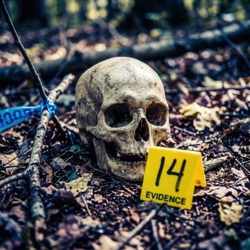 Human skull evidence marker and police tape in forest crime scene mysterious death investigation