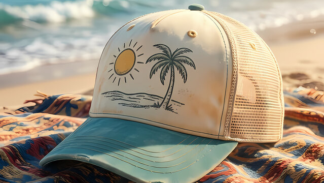 High-quality close-up of a stylish mesh trucker cap featuring a distressed tropical sunset design, resting on a colorful beach towel. Perfectly captures the retro surf culture and summer vacation vibe