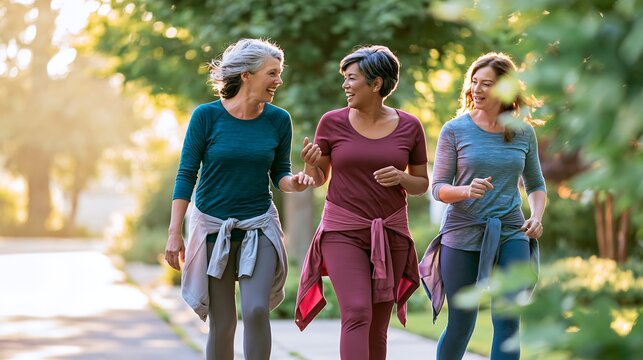 Three fit mature women walking together and talking in a green park, active aging concept for women over 50, longevity, midlife fitness, social wellness and healthy lifestyle