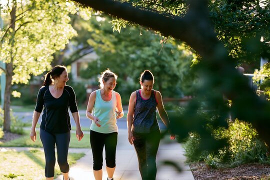 Three active middle-aged women walking and laughing together after exercise, healthy aging concept for female fitness, longevity, friendship, wellbeing and an active lifestyle