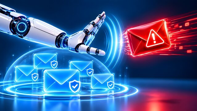 Robotic hand blocking red warning email over blue protective dome with safe messages. Concept of cyber security and enterprise threat prevention.