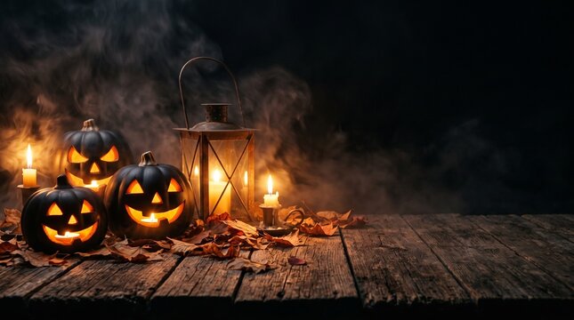 Halloween pumpkin with lantern on empty space  