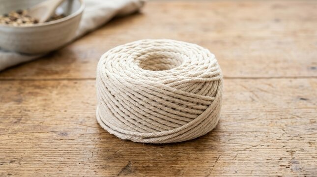 Rolled coil of natural beige twine on a rustic wooden table, perfect for crafting and DIY projects