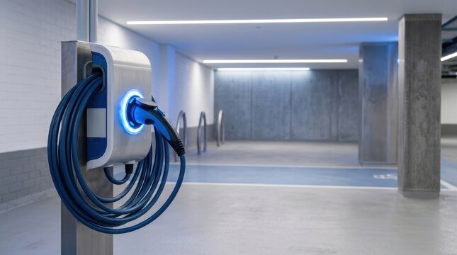 Modern Electric Vehicle Charging Station with Blue Illuminated Port and Charging Cable in a Sleek Indoor Environment