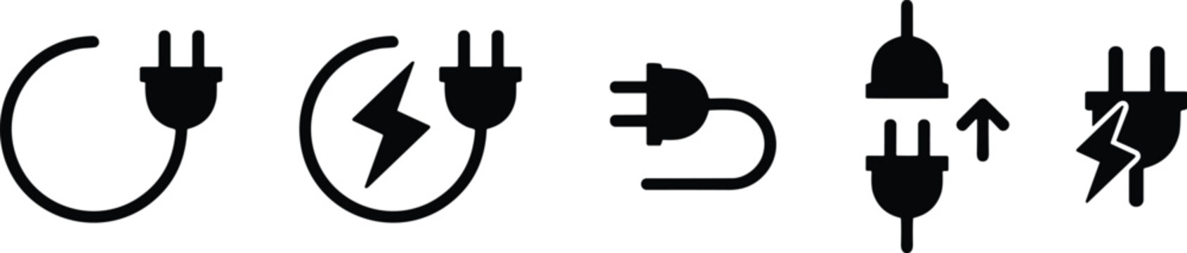 Electrical plug and power cable wire vector icon collection representing renewable energy lightning charge charging elements