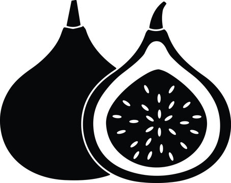 Fresh organic figs black silhouette vector illustration showing whole fruit and cut half with inner texture details