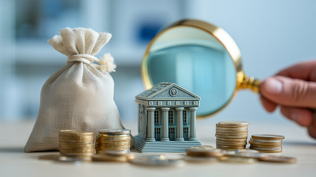 Close-up of a magnifying glass examining a miniature bank building alongside a money bag and gold coins, illustrating financial monitoring, banking oversight, and investment analysis.