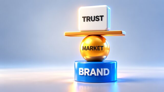 White trust block balancing on a golden market sphere and blue brand cylinder. Concept of public relations and corporate brand equity.