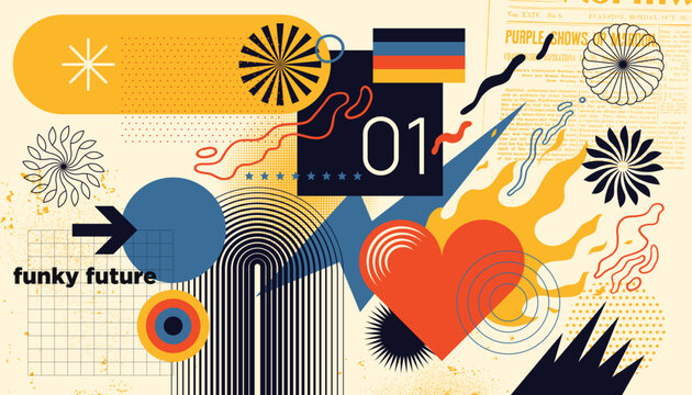 Trendy retro 70s abstract collage background with colorful geometric shapes and vintage elements. Vector illustration.