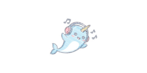 Cute Cartoon Narwhal Singing with Musical Notes Illustration, Playful Marine Animal Character © BangkitDari