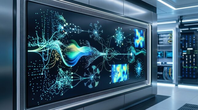 Vibrant digital data visualization with glowing blue and teal network connections on a large screen