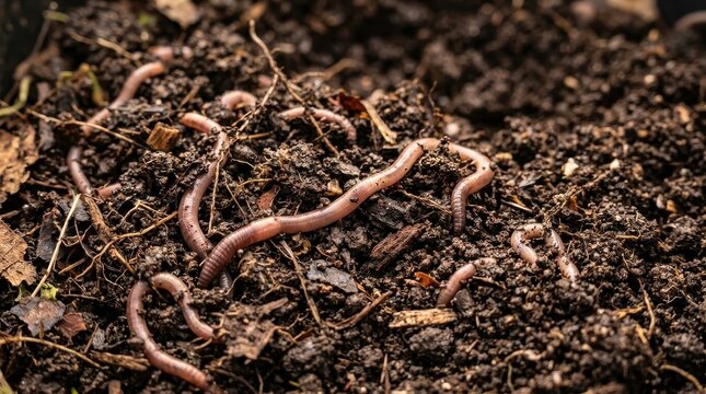 Numerous earthworms wriggling through dark, rich soil in a detailed close-up view, showcasing natural garden life.