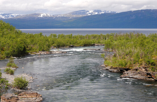 Abiskojokk or Abiskoj&aring;kka, a river in the Abisko National Park flowing into Lake Tornetr&auml;sk in Kiruna Municipality, Lapland, Norrbotten County in northern Sweden