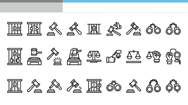Comprehensive Law and Justice Icon Set featuring minimalist black line gavels, handcuffs, and prison cells ideal for legal services websites and criminal justice presentations.