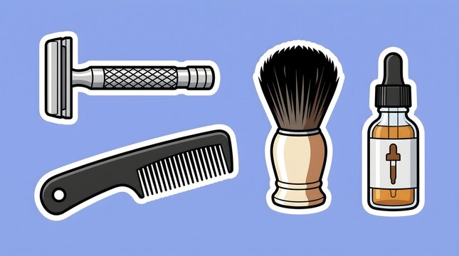 Barber shop shaving accessories set vector illustration with safety razor, comb, brush, and oil