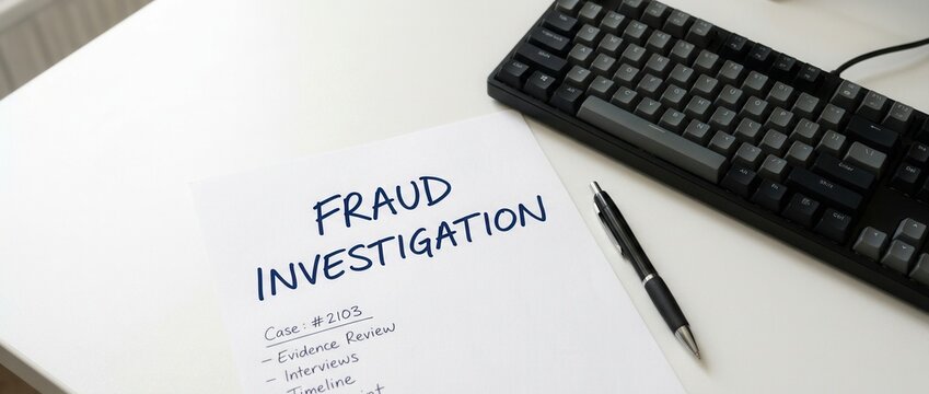 Fraud Investigation Document with Pen and Keyboard on White Desk