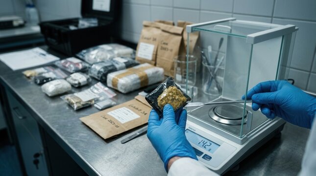 Forensic Scientist Weighing Suspected Drug Evidence in Laboratory Scale