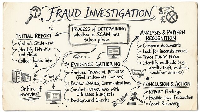 Fraud Investigation Process Flowchart Scam Detection Evidence Gathering Analysis and Action Plan
