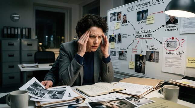 Frustrated Detective Analyzing Case Files and Mind Map on Whiteboard in Office