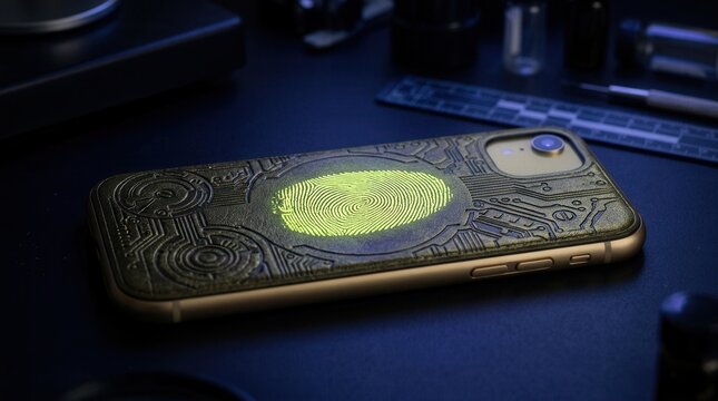 Futuristic smartphone case with glowing fingerprint scanner intricate design and tech background evidence security concept