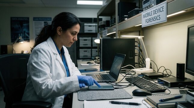 Forensic Scientist Analyzing Digital Evidence on Smartphone in Lab