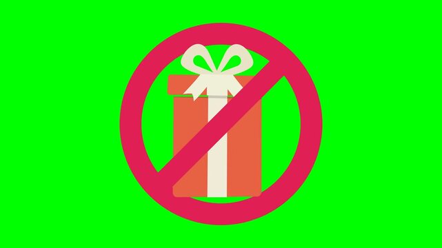 Animated gift box with forbidden sign representing anti consumerism and gift giving boycott. Chroma key green screen with alpha channel. (loopable)