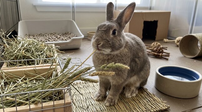 Gray rabbit sitting on a mat and nibbling on hay in a cozy room  