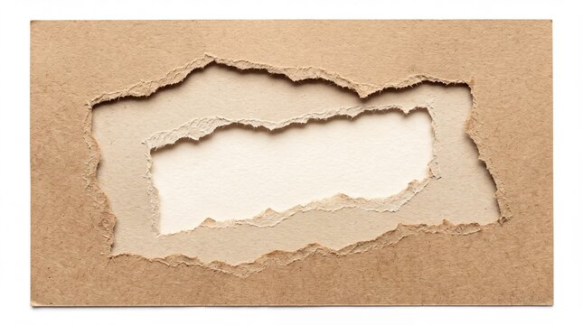 A rough, ripped hole in a brown paper envelope reveals a lighter-colored paper beneath, creating a textured, abstract background with a copy space.