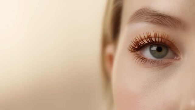 Close-up eye with long, natural lashes and soft, calm expression. Gentle focus on eye, softly blurred background. Warm lighting enhances soft, serene mood. Ideal for beauty, makeup