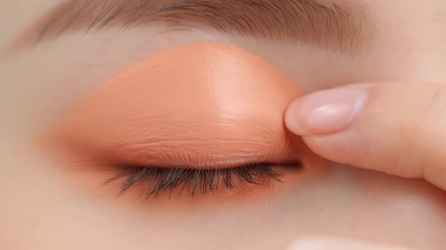 Close-up eye blending warm eyeshadow. Finger gently presses skin to smooth product. Soft focus highlights natural makeup application. Ideal for beauty tutorials or advertising campaigns